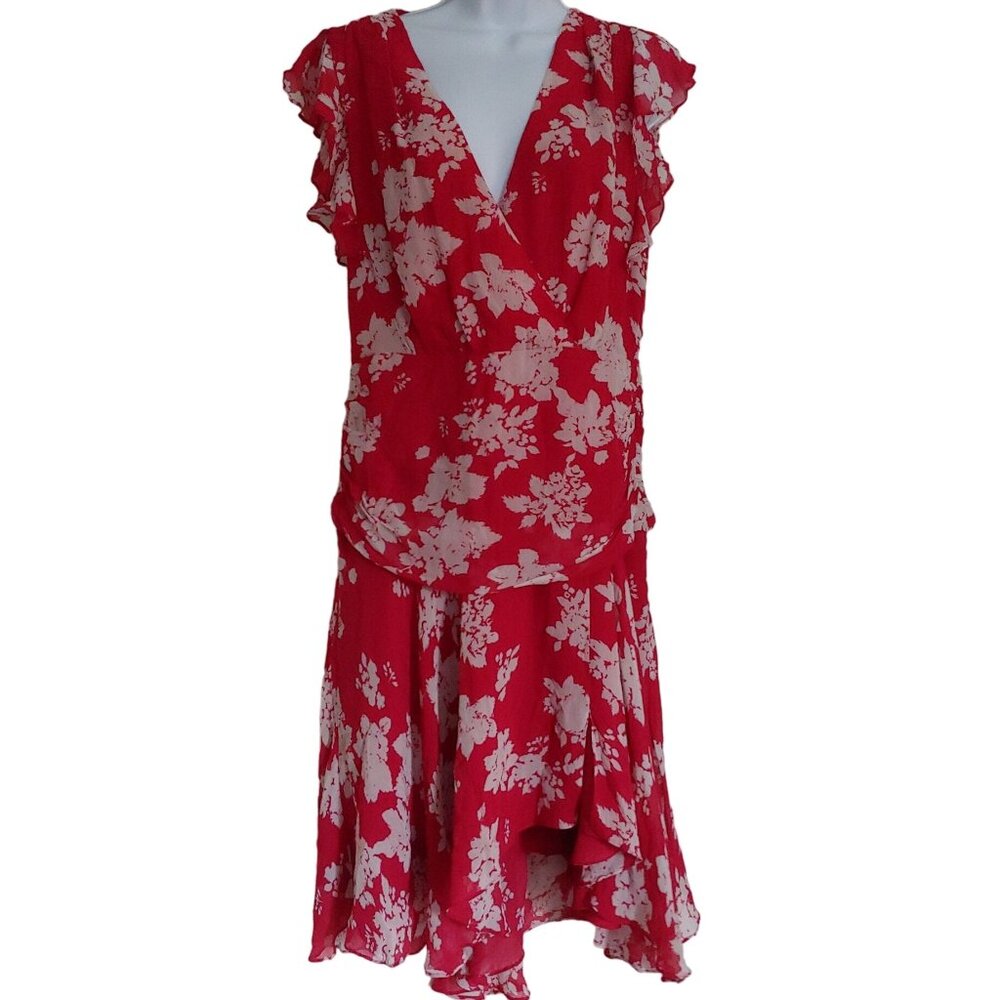 All Saints Raspberry/White Flutter Sleeve Drop Waist Faux Wrap Tiered Dress 10